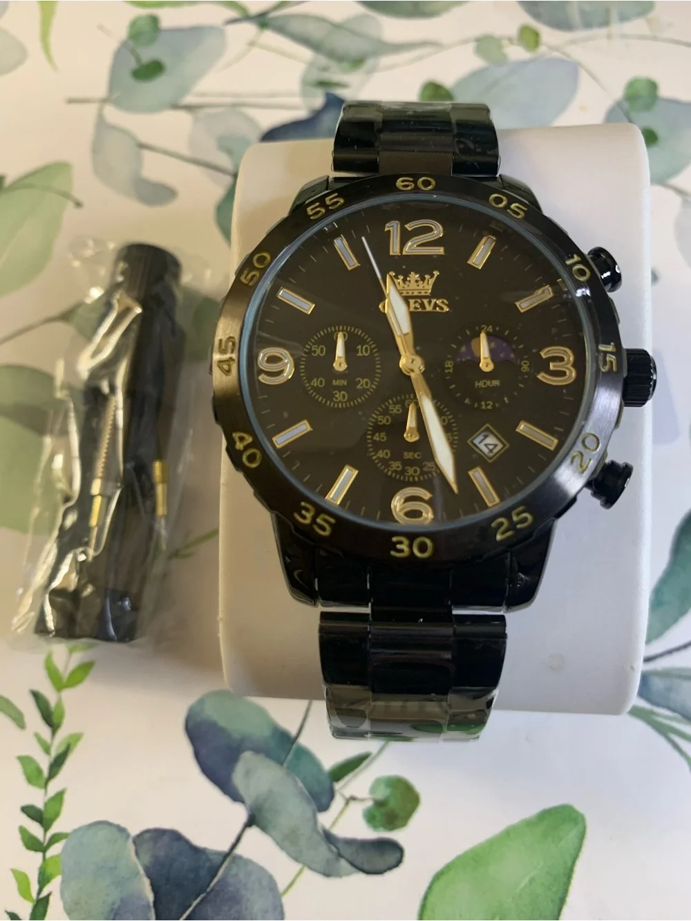 OLEVS Black and Gold Chronograph Watch with Multi Features
